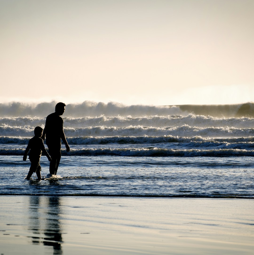silhouette of a man and a boy on the seashore